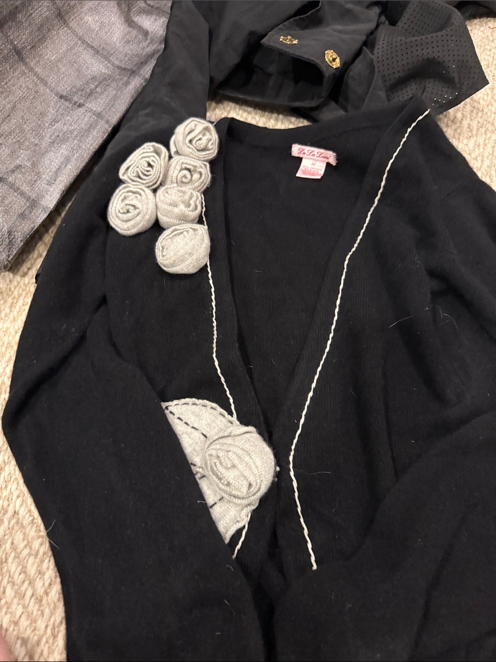 Black V-Neck Cardigan with Gray Rosette Appliqués